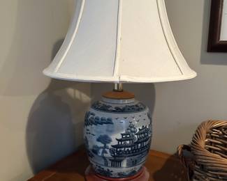 C110 - $35. Blue & White Table Lamp. Shade is in good condition. 