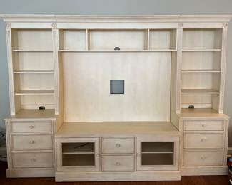 C1 - $350. Ethan Allen Media Center. Moves in at least 6 Pieces. Assembled it is 80" tall x 112" long. Each end piece / bookcase is 24.5" wide x 80" tall. Sides are finished so they can be used independently. 