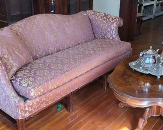Camelback Sofa and Burled Reproduction Coffee Table 