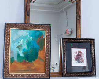 This mirror, although needing some repair, is really unusual with the carved wood crossed swords.