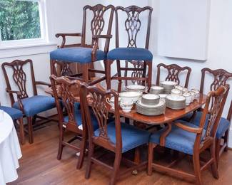 Double pedestal dining table and 10 chairs, selling seperately
