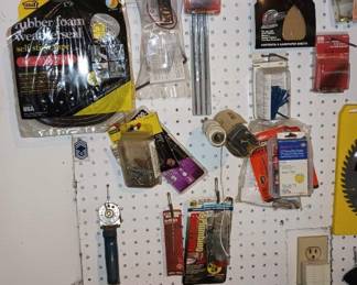 Assortment of Hardware, Measuring Tapes, Sand Paper, Rubber Foam Weather Seal