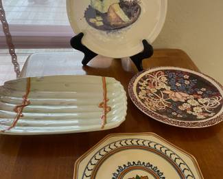 Adams Titian Ware Octagonal Plate,  Vernon Kilns Pottery Lei Lani Salad Plate by Don Blanding, Italian Asparagus Majolica Ceramic Platter, World Market Cheese Plate with Cheese & Olive Charcuterie Design