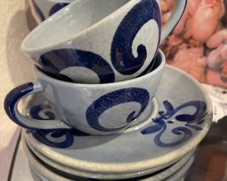 Sgrafo Blue/Gray Salt Glaze Stoneware Teacups & Saucers - Service for 6