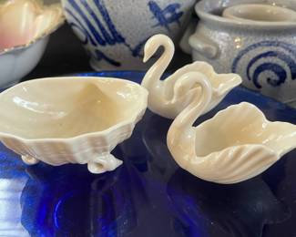  Pair of Porcelain Lenox Swan Figurines/Trinket Dishes, Belleek Ireland Porcelain Shell Trinket Dish