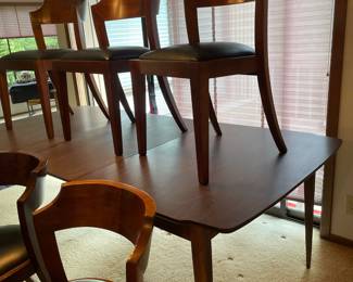 Mid Century Modern Dining Table with 6 Black Leather Seat Dining Chairs