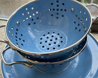 Pair of Blue Enameled Colander's and Platter