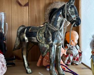 Rustic Brass Tone & Black Metal Horse Sculpture