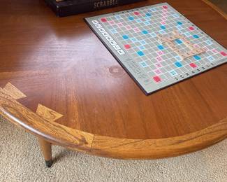 Selchow & Righter Scrabble Board Game, 1956 Original Yahtzee Dice Board Game, 1972 Jotto Secret Word Game, Mid Century Modern Lane Round Coffee Table with Dovetail Pattern
