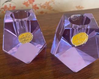 Pair of Art Deco Lavender Crystal Candlestick Holders