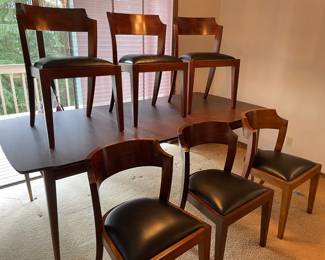 Mid Century Modern Dining Table with 6 Black Leather Seat Dining Chairs