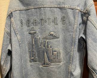Denim Jacket with Embossed Seattle Scene Design
