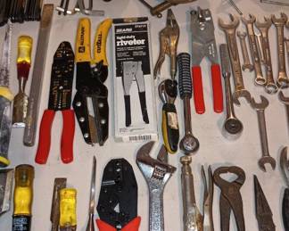 Assortment of Handtools - Pliers, Wrenches, Chisels, Crimp Tools, Riveter
