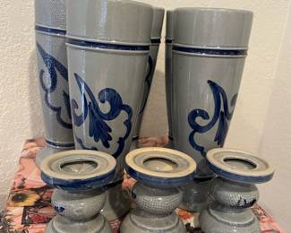Set of 5 West Germany Stoneware Beer Mugs, Set of 3 West Germany Blue/Gray Pottery Pillar Candle Holders