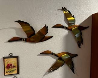 Mid Century Modern Teak & Brass Flying Ducks Wall Art