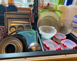 Assortment of Sheet Pans, Muffin Pans, Cake Pans, Glass Food Storage