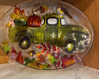 Fall Harvest Green Truck Clear Glass Painted Textured Platter 