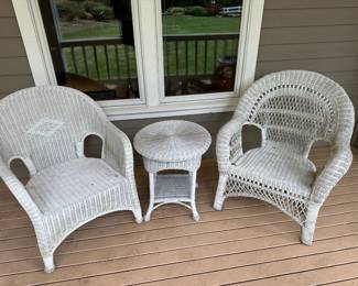 Two White Wicker Arm Chairs - Different Patterns, White Wicker Side Table with Shelf