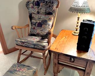 Spindle Back Oak Rocking Chair with Tapestry Padding, Candle Stick Table Lamp with Green Shade, Rustic Pine End Table
