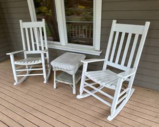 Two White Slat Back Rocking Chairs, White Wicker Patio Side Table