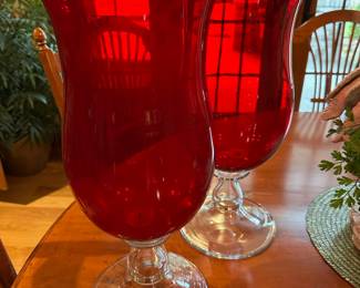Two Ruby Red Glass/Clear Stem Hurricane Vases