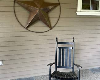 Black Painted Wood Slat Back Rocking Chair, Rustic Metal Yard Art "Lasso Texas Star"