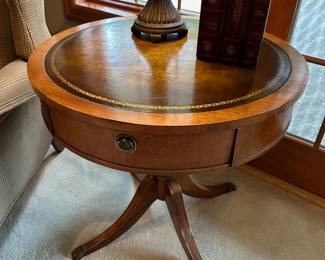 Leather Top Inlaid Drum Table
