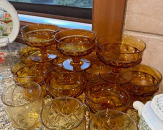 Set of 10 Amber Sherbet Glasses, Set of 3 Amber Lowball Glasses with Diamond Quilt Pattern