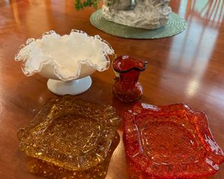  Amber Glass Ashtray with Daisy Pattern,  Red Glass Ashtray with Daisy Pattern, Milk Glass Silver Crest Ruffled Candy Dish