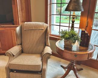 Wingback Arm Chair Recliner with Brown/Cream Checkered Upholstery, Leather Top Inlaid Drum Table