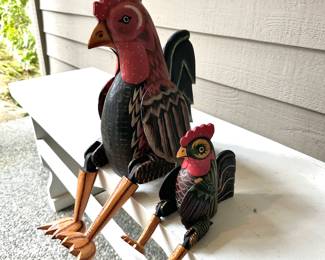 Pair of Carved Wooden Hand-Painted Hinged Joint Rooster Decor