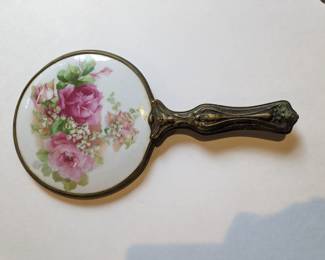 Vintage Floral Porcelain and Brass Vanity Hand Mirror 