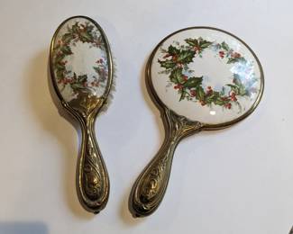 Vintage 1920s Puttis with Holly  Berry Christmas Scenic Dresser Hand Mirror  Hair Brush Set