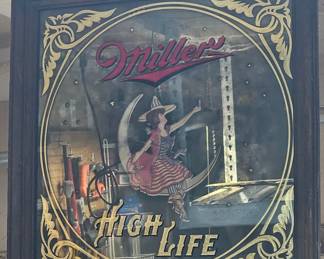 Vintage Miller High Life Bar Mirror with young lady sitting on a crescent moon raising a beer glass.