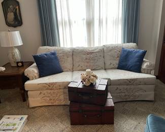 Nice vintage sofa, storage boxes, pottery lamp, 2 drawer end table