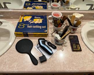 Shaving mugs, straight razors, brushes