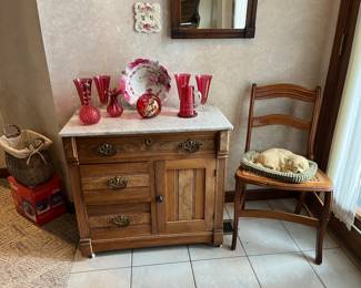 Marble top wash stand, red glass, cane chair