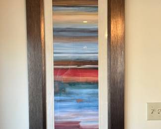 Living Room:  This contemporary abstract print has a 4" wooden fame.  Its total measurements are:  24" wide x 48" tall.