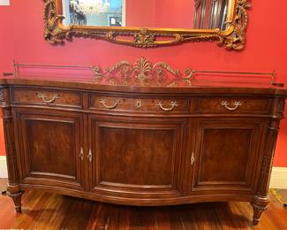 Dining Room:  The KARGES sideboard in the French Louis XVI style is walnut and burlwood.  It has three drawers over three doors [with adjustable interior shelves].  It measures 76" wide x 21" deep x 40" tall to the center of the galley rail design.  Closer photos follow.