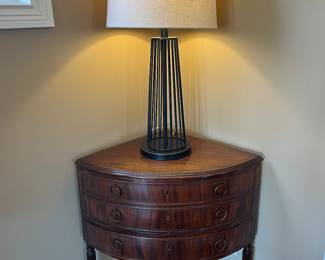 Foyer:  The antique corner chest displays a contemporary metal lamp.  Closer photos follow.