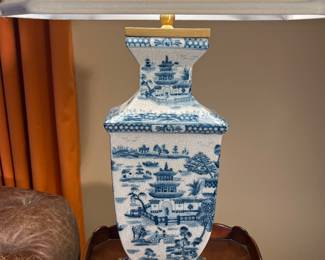 Living Room:  This is one of a PAIR of quality rectangular porcelain lamps in the "Blue Willow" pattern.  Each lamp is 33" tall and has a brass base with creamy white shade.