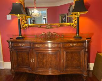 Dinng Room:  A pair of black column lamps with black shades are displayed on a KARGES sideboard.  Closer photos follow.