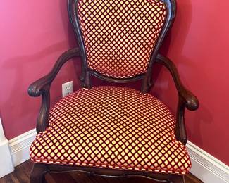 Dining Room:  The KARGES armchair is one of two.  The upholstery coordinates with the floral pattern upholstery on the eight side chairs.  The table and ten chairs are priced as a SET, separate from the KARGES display cabinet and sideboard.