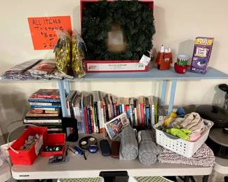 Books, towels, wreath, etc
