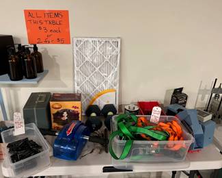 Mutli-tools, ab roller, weights, ratchet straps (sold), halloween yard decoration, etc.