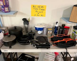 Pots, Pans, Hot Plate, extension cords, cups, pitchers.