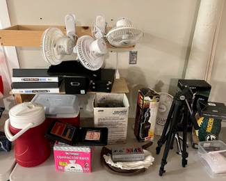 Coolers, fans, camp lantern, tripod, misc