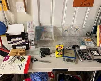 Misc office items, postage scale, adding machine, calculayor.