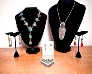 Sterling and Turquoise Jewelry, Sterling Tiebetain Prayer Box, Anthony Locato Santo Domingo Necklace 
