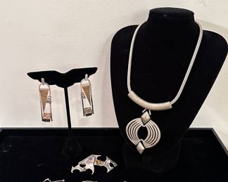 Alice Caviness Necklace, Carrick Sterling Charles Rennie Mackintosh Brooch, FCO Taxico Sterling Silver Tortoise Shell Brooch, Modernist/Brutalist Earrings and Brooches 